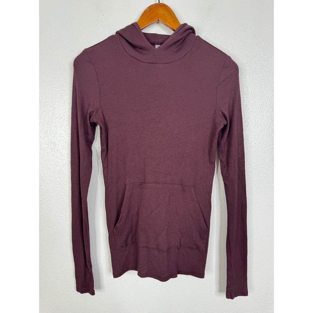 Commando Womens Ribbed Pima Cotton Modal Hoodie Plum Burgundy Thumbholes Small